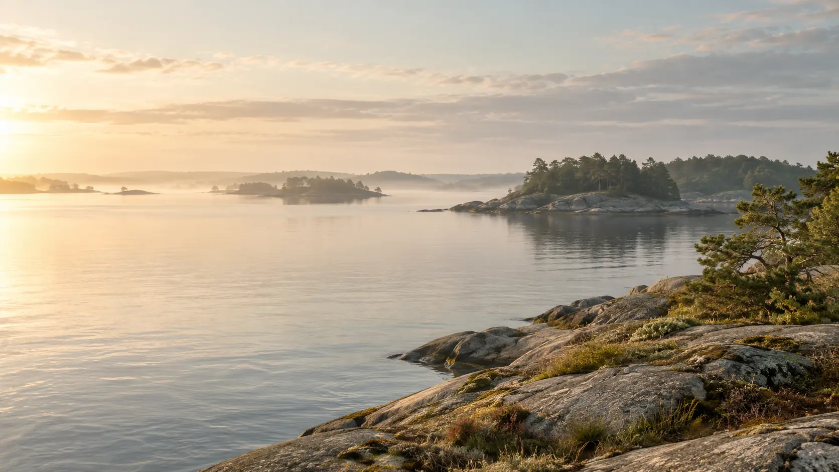 Hav och klippor i varmt morgonljus