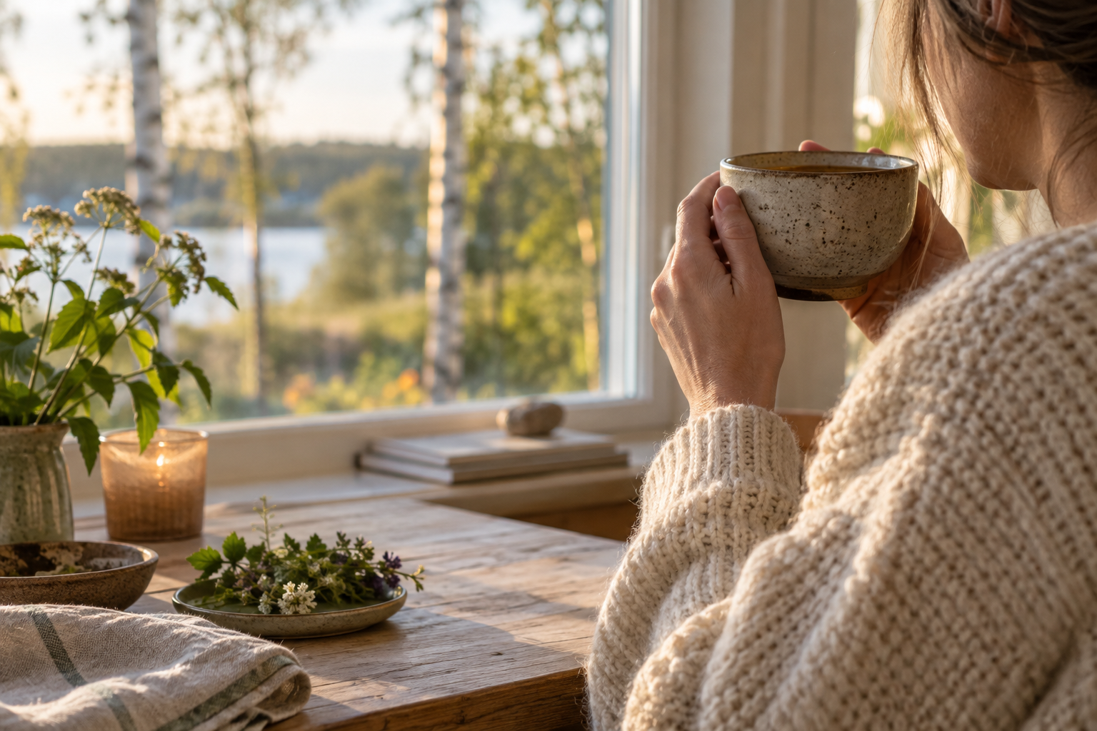 En kvinna håller en kopp varm örtte vid ett fönster med utsikt över vattnet