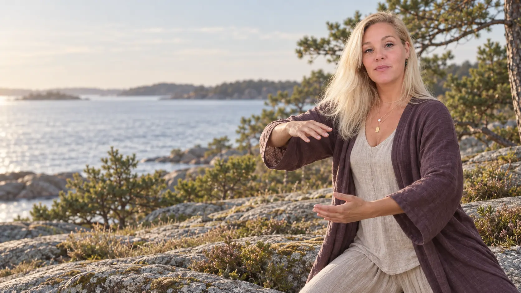 Johanna utövar qigong vid vattnet